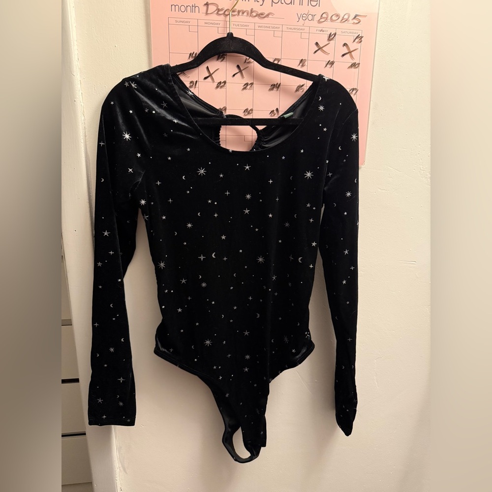 Wild Fable Velvet Bodysuit with Decals and Cut Out Back
